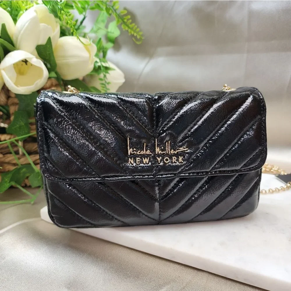 NWT Nicole Miller Black Quilted Crossbody Bag NEW YORK BLACK